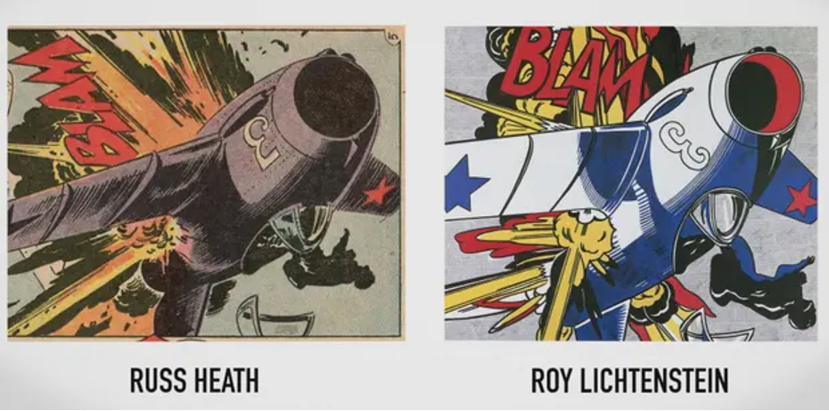On the left, a panel from Russ Heath’s comic All-American Men of War #89 and on the right, a panel in the same style from Roy Lichtenstein’s comic “Blam” from 1962.