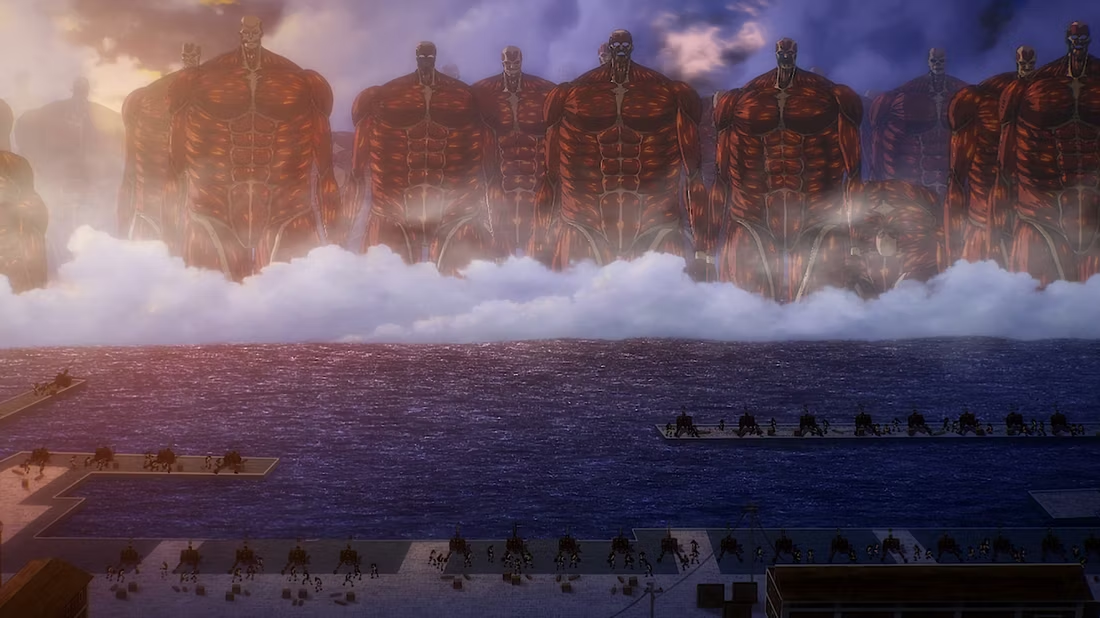 Photo from scene in TV show "Attack on Titan," as an army of giants approach a human army by sea. Source: https://www.cbr.com/attack-on-titan-episode-87-spoilers-eren-rumbling-unstoppable